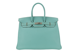 HERMES BIRKIN 35 BLUE AQUA TOGO LEATHER SILVER HARDWARE STAMP M (2009) WITH LOCK&KEYS, RAINCOAT AND DUST COVER