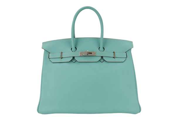 HERMES BIRKIN 35 BLUE AQUA TOGO LEATHER SILVER HARDWARE STAMP M (2009) WITH LOCK&KEYS, RAINCOAT AND DUST COVER