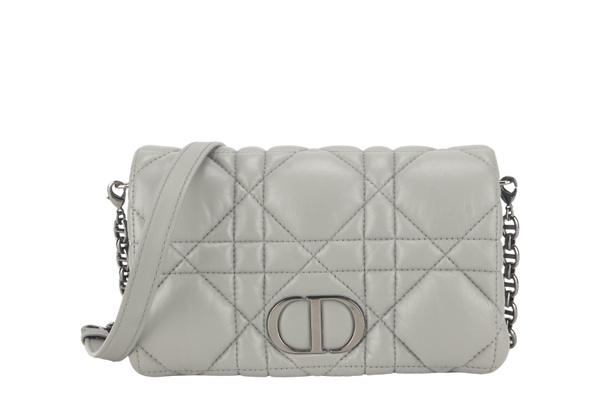 CHRISTIAN DIOR GREY LEATHER WOC 05-RU-0292 RUTHENIUM CHAIN WITH DUST COVER