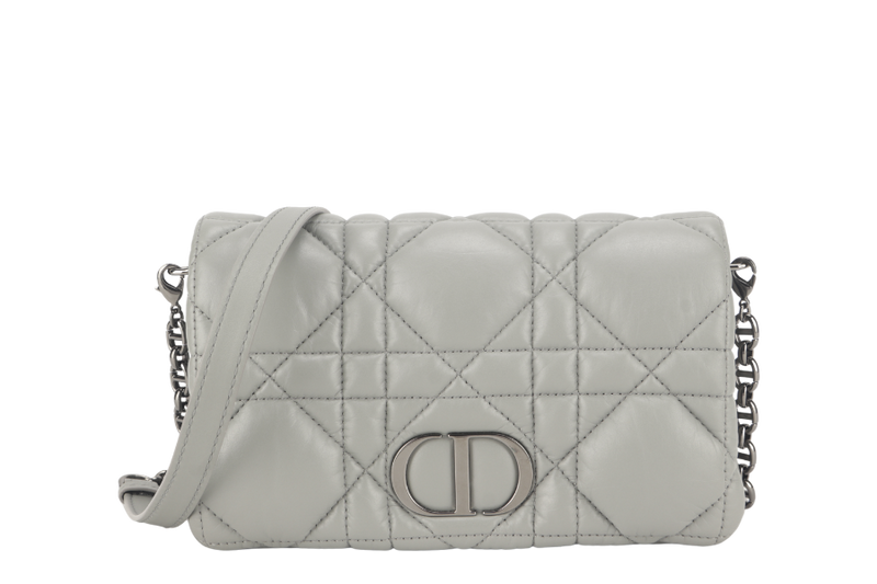 CHRISTIAN DIOR GREY LEATHER WOC 05-RU-0292 RUTHENIUM CHAIN WITH DUST COVER