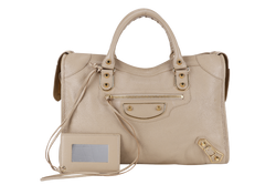 BALENCIAGA CITY BAG SMALL BEIGE LATTE LEATHER GOLD HARDWARE WITH MIRROR POCKET, STRAPS AND DUST COVER