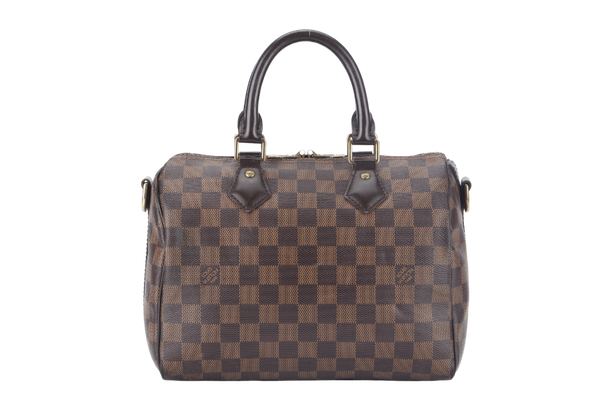 LOUIS VUITTON SPEEDY 25 BANDOULIERE N41368 DAMIER EBENE GOLD HARDWARE (MICROCHIP) WITH STRAPS, DUST COVER AND BOX