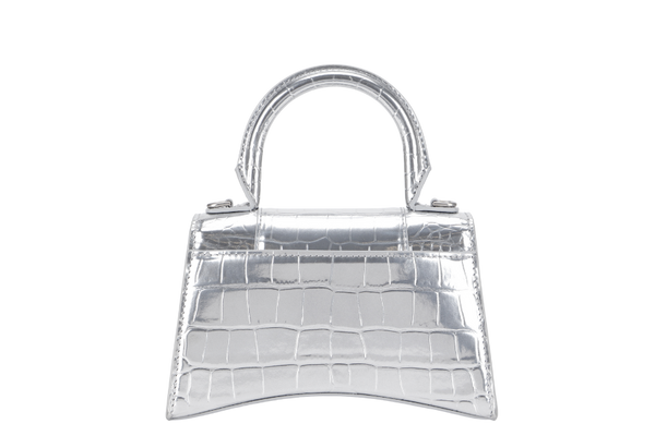 BALENCIAGA HOURGLASS XS SILVER METALLIC CROC-EFFECT LEATHER SILVER HARDWARE WITH SLING AND DUST COVER