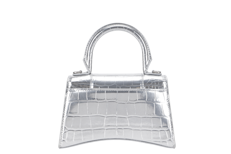 BALENCIAGA HOURGLASS XS SILVER METALLIC CROC-EFFECT LEATHER SILVER HARDWARE WITH SLING AND DUST COVER