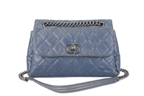 CHANEL FLAP MEDIUM BLUE SHOULDER BAG (2075xxxx) CALFSKIN LEATHER PALLADIUN HARDWARE WITH CARD AND DUST COVER