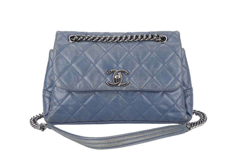 CHANEL FLAP MEDIUM BLUE SHOULDER BAG (2075xxxx) CALFSKIN LEATHER PALLADIUN HARDWARE WITH CARD AND DUST COVER