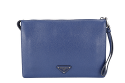 PRADA BORSELLO DARK BLUE GRAIN CALFSKIN CLUTCH SILVER HARDWARE WITH DUST COVER