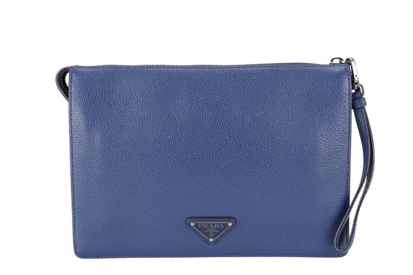 PRADA BORSELLO DARK BLUE GRAIN CALFSKIN CLUTCH SILVER HARDWARE WITH DUST COVER