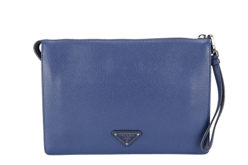 PRADA BORSELLO DARK BLUE GRAIN CALFSKIN CLUTCH SILVER HARDWARE WITH DUST COVER