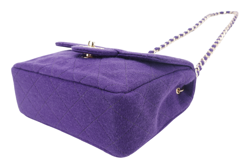 CHANEL CLASSIC FLAP MINI SQUARE (648xxxx) PURPLE JERSEY GOLD HARDWARE WITH DUST COVER AND CARD