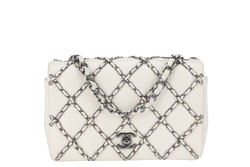 CHANEL QUILTING ENCHAINED FLAP BAG (1968xxxx) WHITE LAMBSKIN LEATHER SILVER HARDWARE WITH CARD, DUST COVER AND BOX