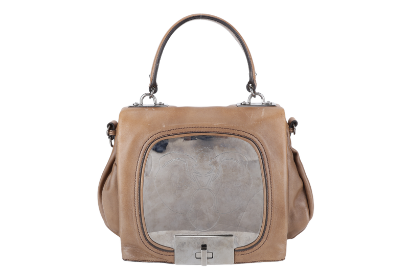 CELINE BROWN LEATHER METAL PANEL FLAP SHOULDER BAG SILVER HARDWARE WITH STRAPS, KEYS AND LOCK