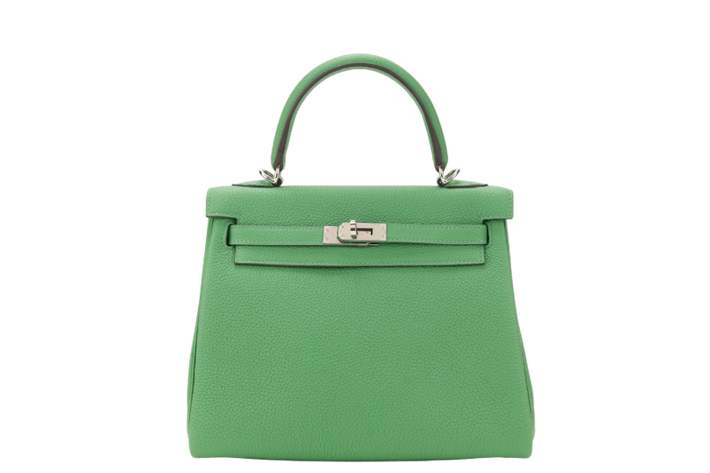 HERMES KELLY 25 STAMP Y (YEAR 2020) BAMBOO TOGO LEATHER SILVER HARDWARE WITH STRAPS, KEYS, LOCK AND DUST COVER