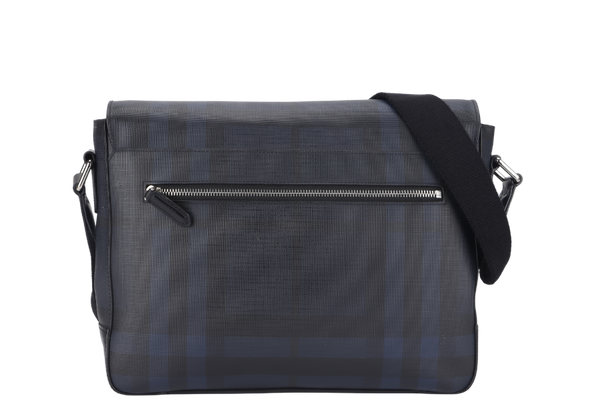 BURBERRY CHECKED NAVY BLUE MEDIUM CANVAS MESSENGER BAG SILVER HARDWARE NO DUST COVER