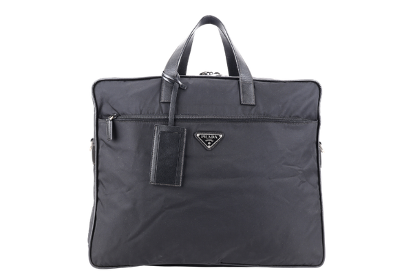 PRADA BLACK NYLON TESSUTO BUSINESS BAG SAFFIANO LEATHER TRIM SILVER HARDWARE WITH SHOULDER STRAP NO DUST COVER
