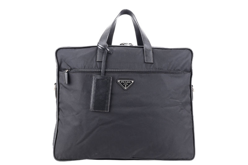 PRADA BLACK NYLON TESSUTO BUSINESS BAG SAFFIANO LEATHER TRIM SILVER HARDWARE WITH SHOULDER STRAP NO DUST COVER