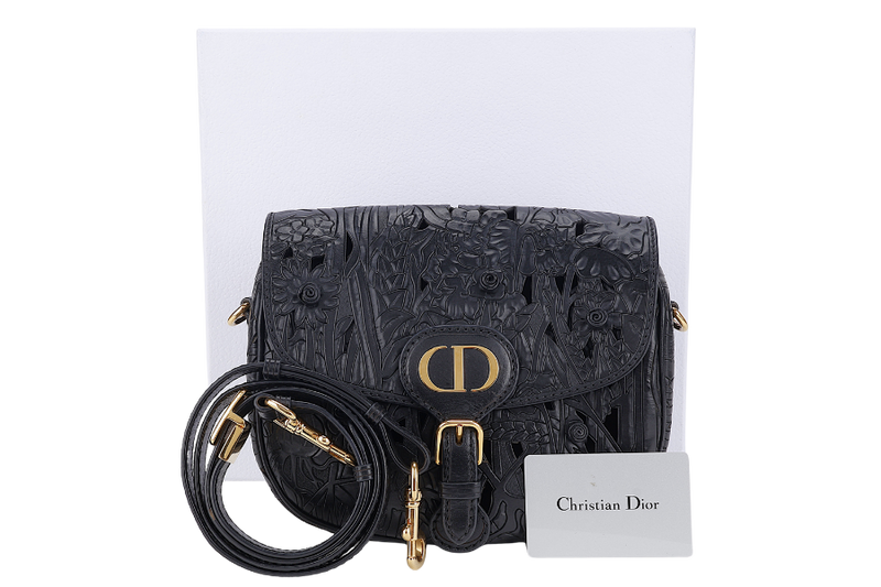 CHRISTIAN DIOR BOBBY FLORAL MOTIF (05-RU-0211) MEDIUM BLACK LEATHER GOLD HARDWARE WITH STRAPS, CARD AND BOX