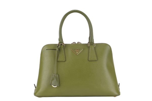 PRADA PROMENADE SATCHEL (BL0837) SMALL GREEN SAFFIANO LUX LEATHER GOLD HARDWARE WITH STRAP AND DUST COVER