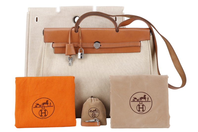 HERMES HERBAG SHOULDER BAG IN BEIGE CANVAS AND BROWN LEATHER STAMP D SQUARE (YEAR 2000) SILVER HARDWARE WITH DUST COVER