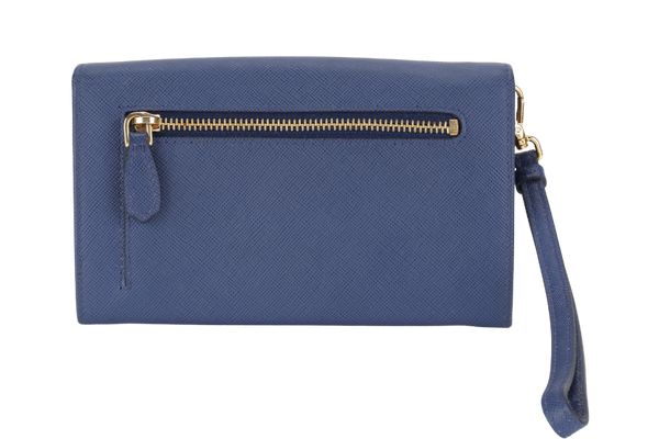 PRADA WRISTLET WALLET DARK BLUE SAFFIANO LEATHER GOLD HARDWARE