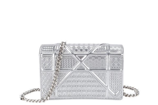 CHRISTIAN DIOR MICRO CANNAGE DIORAMA MINI SILVER METALLIC SILVER HARDWARE 09-BO-1126 WITH STRAPS