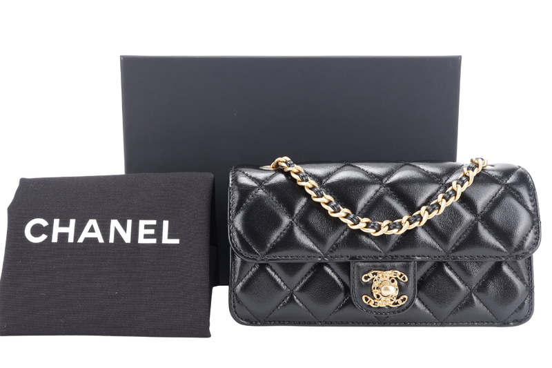 CHANEL QUILTED FLAP CLUTCH BAG SHINY BLACK LAMBSKIN GOLD HARDWARE (E210xxxx) WITH DUST COVER, BOX AND PAPER BAG