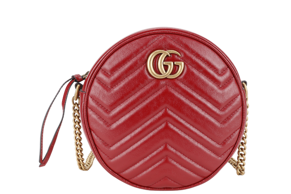 GUCCI GG MARMONT RED LEATHER ROUND SHOULDER BAG GOLD HARDWARE WITH DUST COVER