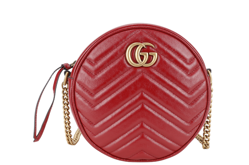 GUCCI GG MARMONT RED LEATHER ROUND SHOULDER BAG GOLD HARDWARE WITH DUST COVER