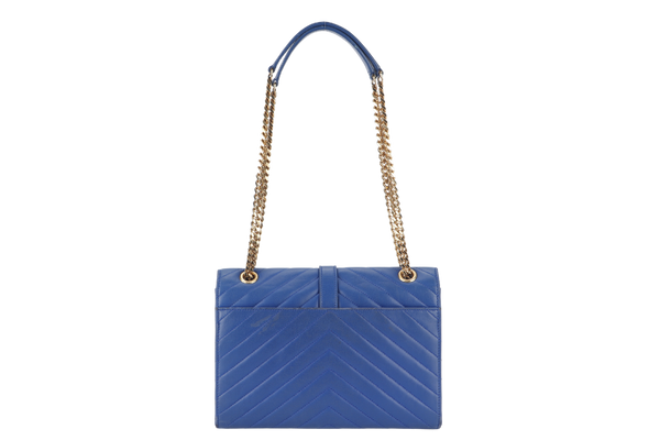 YVES SAINT LAURENT (YSL) MEDIUM ENVELOPE BAG BLUE CHEVRON QUILTED LEATHER GOLD HARDWARE WITH DUST COVER