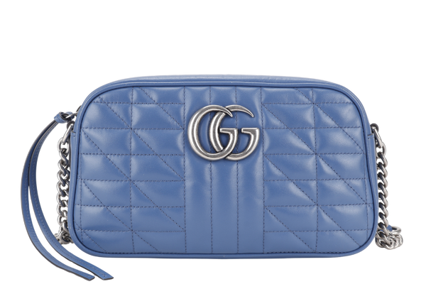 GUCCI MARMONT BLUE LEATHER CAMERA BAG SILVER HARDWARE WITH DUST COVER AND BOX