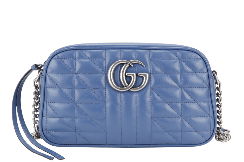 GUCCI MARMONT BLUE LEATHER CAMERA BAG SILVER HARDWARE WITH DUST COVER AND BOX