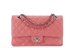 CHANEL FLAP MEDIUM (1632xxxx) PINK LAMBSKIN LEATHER SILVER HARDWARE WITH CARD, DUST COVER AND BOX