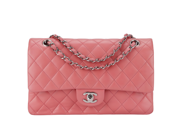 CHANEL FLAP MEDIUM (1632xxxx) PINK LAMBSKIN LEATHER SILVER HARDWARE WITH CARD, DUST COVER AND BOX