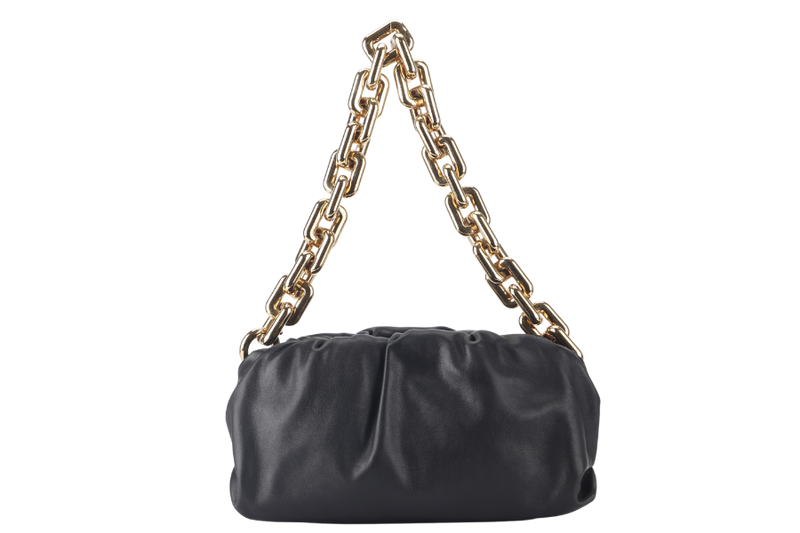 BOTTEGA VENETA THE CHAIN POUCH BLACK CALFSKIN LEATHER GOLD HARDWARE WITH DUST COVER