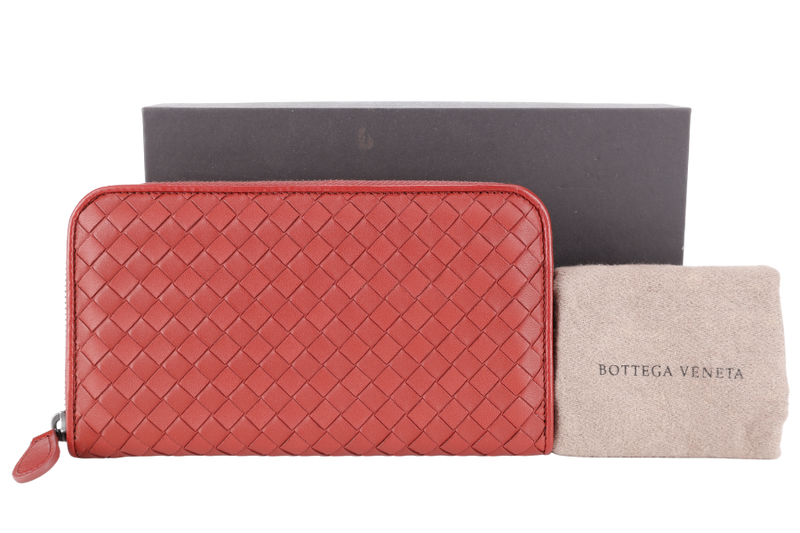BOTTEGA VENETA INTRECCIATO RED ZIP AROUND WALLET B06817611U WITH DUST COVER AND BOX
