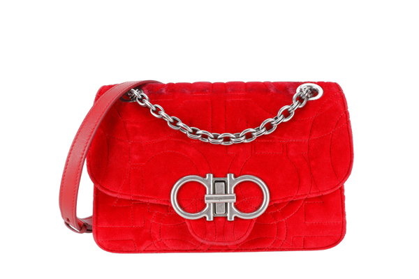 SALVATORE FERRAGAMO 21H248 VELVET RED QUILTED GANCINI CROSSBODY BAG WITH DUST COVER