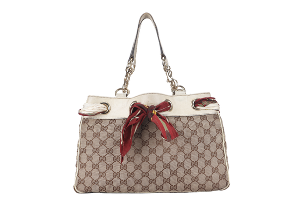 GUCCI POSITANO (162879) WHITE CANVAS TOTE BAG GOLD HARDWARE WITH DUST COVER