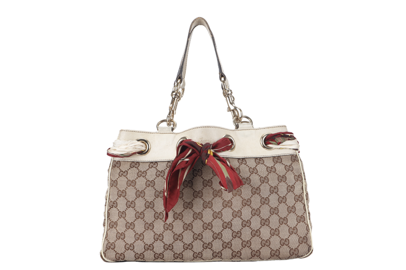 GUCCI POSITANO (162879) WHITE CANVAS TOTE BAG GOLD HARDWARE WITH DUST COVER