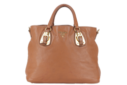 PRADA SOFT CALF (BN1902) MEDIUM BROWN LEATHER GOLD HARDWARE 2WAYS BAG WITH STRAP, DUST COVER AND CARD