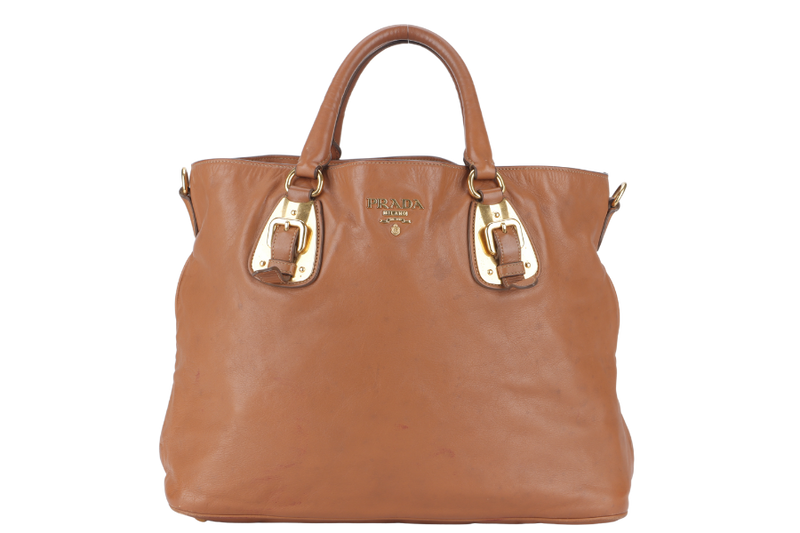 PRADA SOFT CALF (BN1902) MEDIUM BROWN LEATHER GOLD HARDWARE 2WAYS BAG WITH STRAP, DUST COVER AND CARD