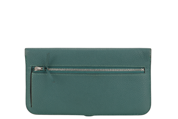 HERMES DOGON PORTEFEUILLE WALLET STAMP R SQUARE (YEAR 2014) VERT FONCE TOGO LEATHER SILVER HARDWARE WITH BOX