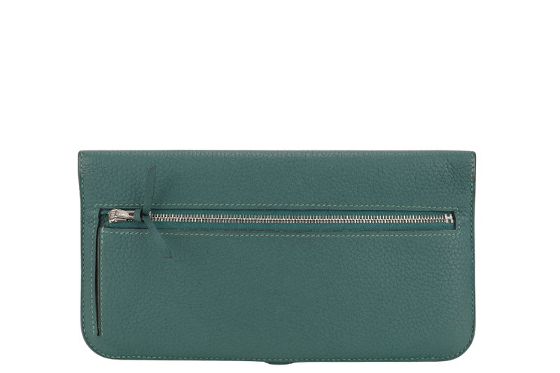 HERMES DOGON PORTEFEUILLE WALLET STAMP R SQUARE (YEAR 2014) VERT FONCE TOGO LEATHER SILVER HARDWARE WITH BOX
