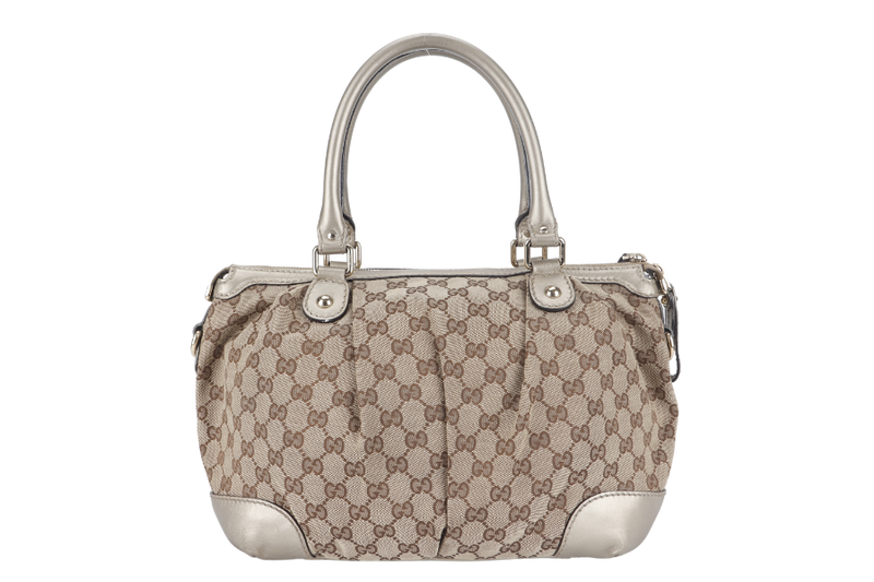 GUCCI SUKEY GG (247902) BEIGE CANVAS 2-WAY BAG SILVER HARDWARE WITH STRAP AND DUST COVER