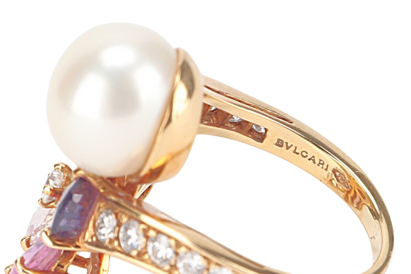 BVLGARI FLORA PEARL RING, YELLOW GOLD SAPPHIRES WITH CERT AND BOX
