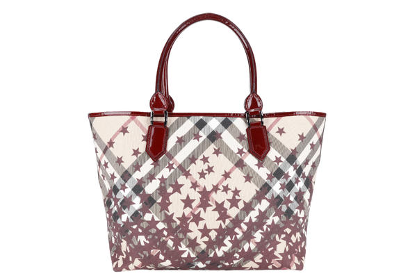 BURBERRY STARRY SUPERNOVA CHECK TOTE MAROON TRIM PATENT WITH DUST COVER