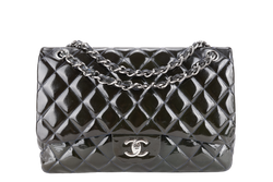 CHANEL CLASSIC DOUBLE FLAP BLUE JUMBO PATENT LEATHER SILVER HARDWARE (1442xxxx) WITH DUST COVER AND DUST COVER