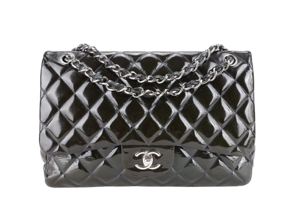 CHANEL CLASSIC DOUBLE FLAP BLUE JUMBO PATENT LEATHER SILVER HARDWARE (1442xxxx) WITH DUST COVER AND DUST COVER