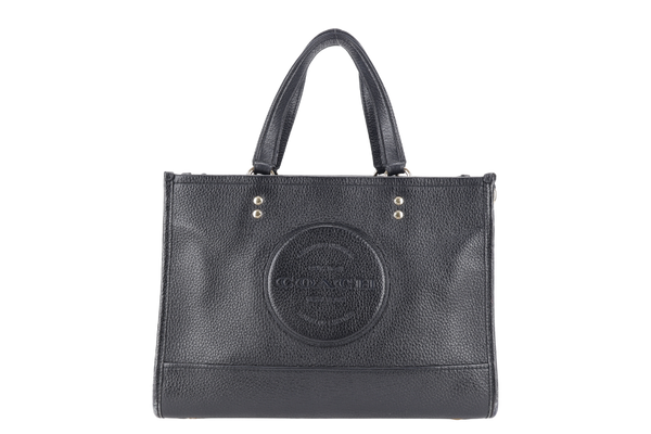 COACH DEMPSEY TOTE BAG 22 WITH COACH PATCH BLACK REFINED PEBBLE LEATHER GOLD HARDWARE WITH STRAPS AND DUST COVER