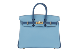 HERMES BIRKIN 25 HSS STAMP U (YEAR 2022) BLUE CELESTE MIX NAVY BLUE SWIFT LEATHER BRUSHED GOLD HARDWARE WITH LOCK&KEYS AND DUST COVER