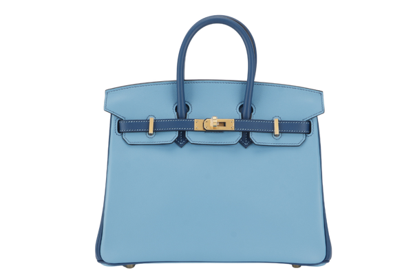 HERMES BIRKIN 25 HSS STAMP U (YEAR 2022) BLUE CELESTE MIX NAVY BLUE SWIFT LEATHER BRUSHED GOLD HARDWARE WITH LOCK&KEYS AND DUST COVER